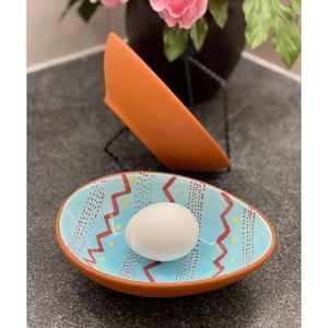 Hallmark Easter Egg Shaped Clay Pottery Plates Blue Orange Set of 2
